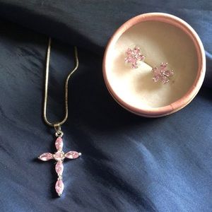 Pink Cross necklace with pink flower earrings